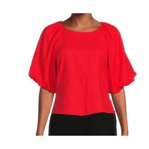 DKNY Womens Red Linen Blend Puff Sleeve Boat Neck Top Blouse Size Medium NEW